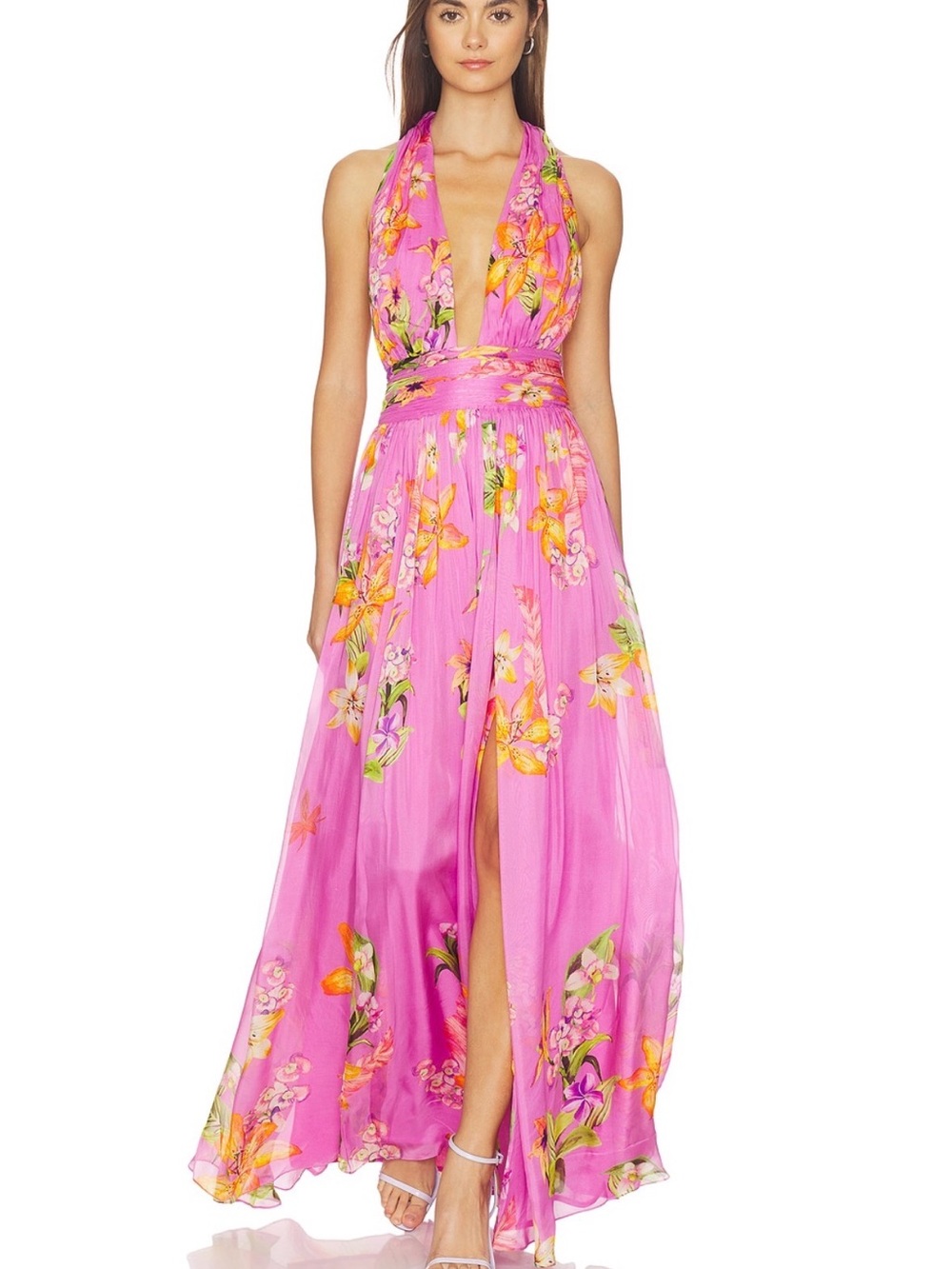 Rococo Sand Pink Floral Plunge Halter Maxi Dress